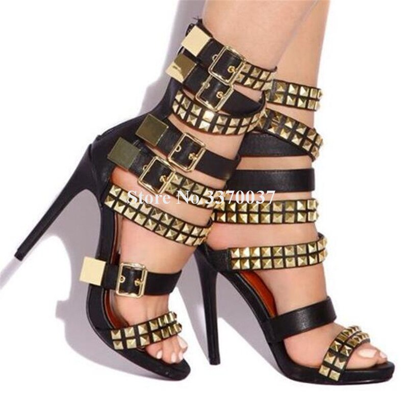 Metal Rivet Buckle Gladiator Denim Patchwork Stiletto Studded Sandal Pumps