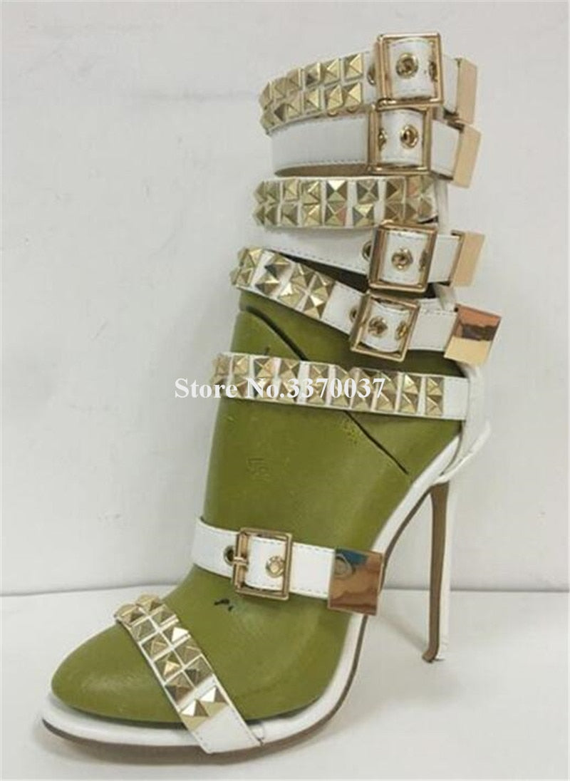 Metal Rivet Buckle Gladiator Denim Patchwork Stiletto Studded Sandal Pumps