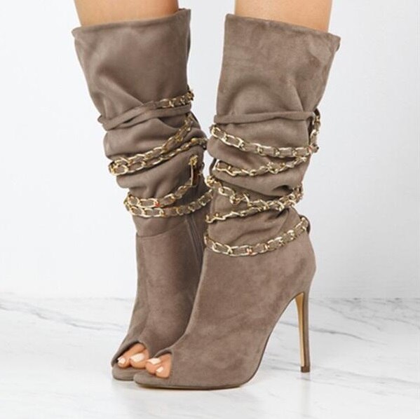 Draped Cross Strap Chain Peep Toe Ladies Zipper Ankle Boots