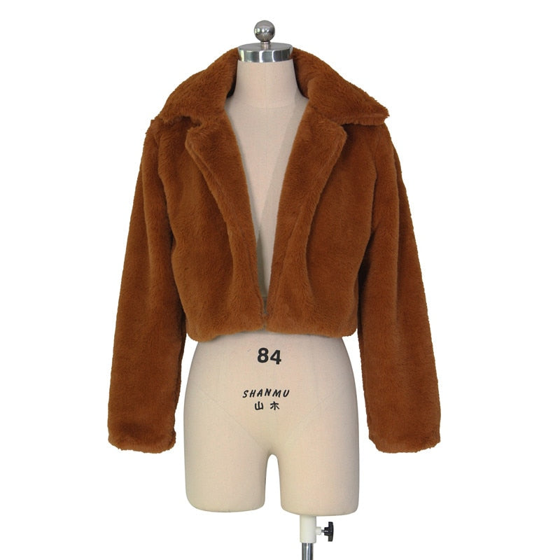 Women Faux Fur Long Sleeve Cropped Jacket Open Stitch Plus Size Jacket