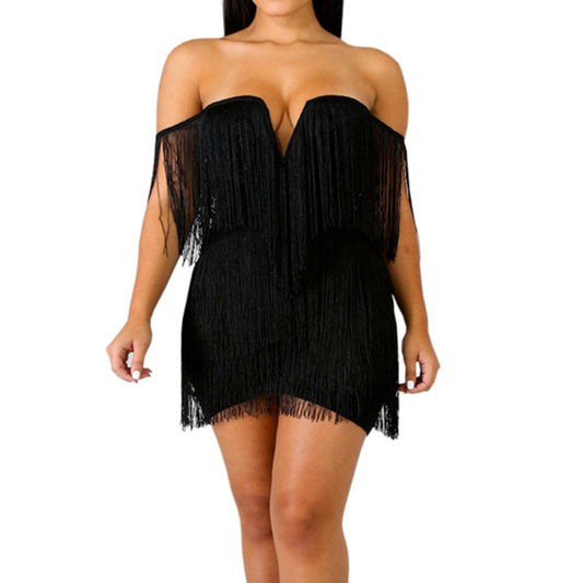 Tassels Bandage V-Neck Off-the-Shoulder Fringe Mini Dress