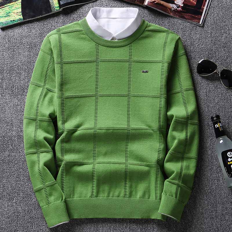 Men's Cashmere Checker Design  Solid O-Neck Long Sleeve Pullover Sweater