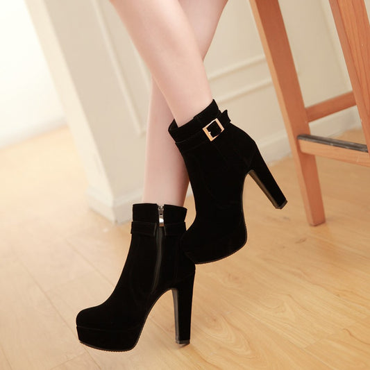 Women's Buckle High Heel Ankle Zipper Platform Ankle Boots