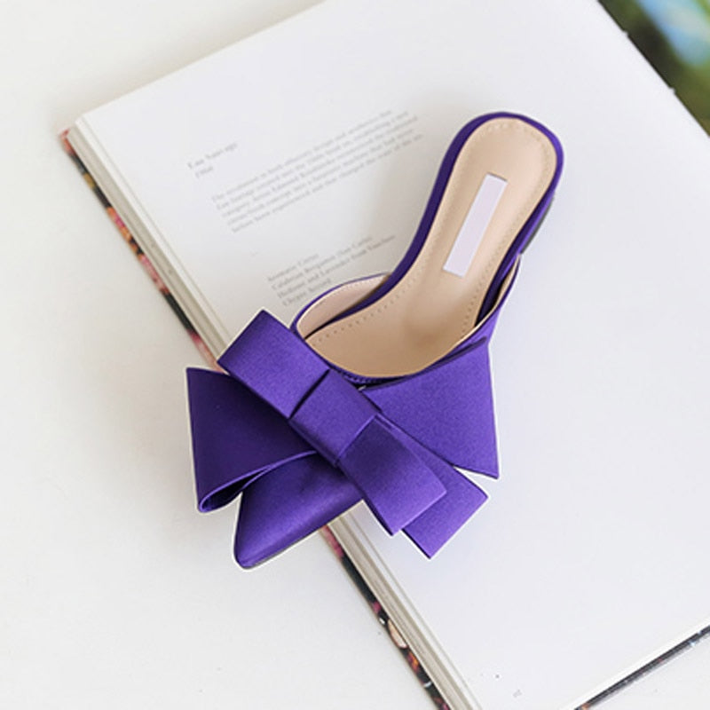 Satin Silk Bowknot Design Pointed Slip-On Flats