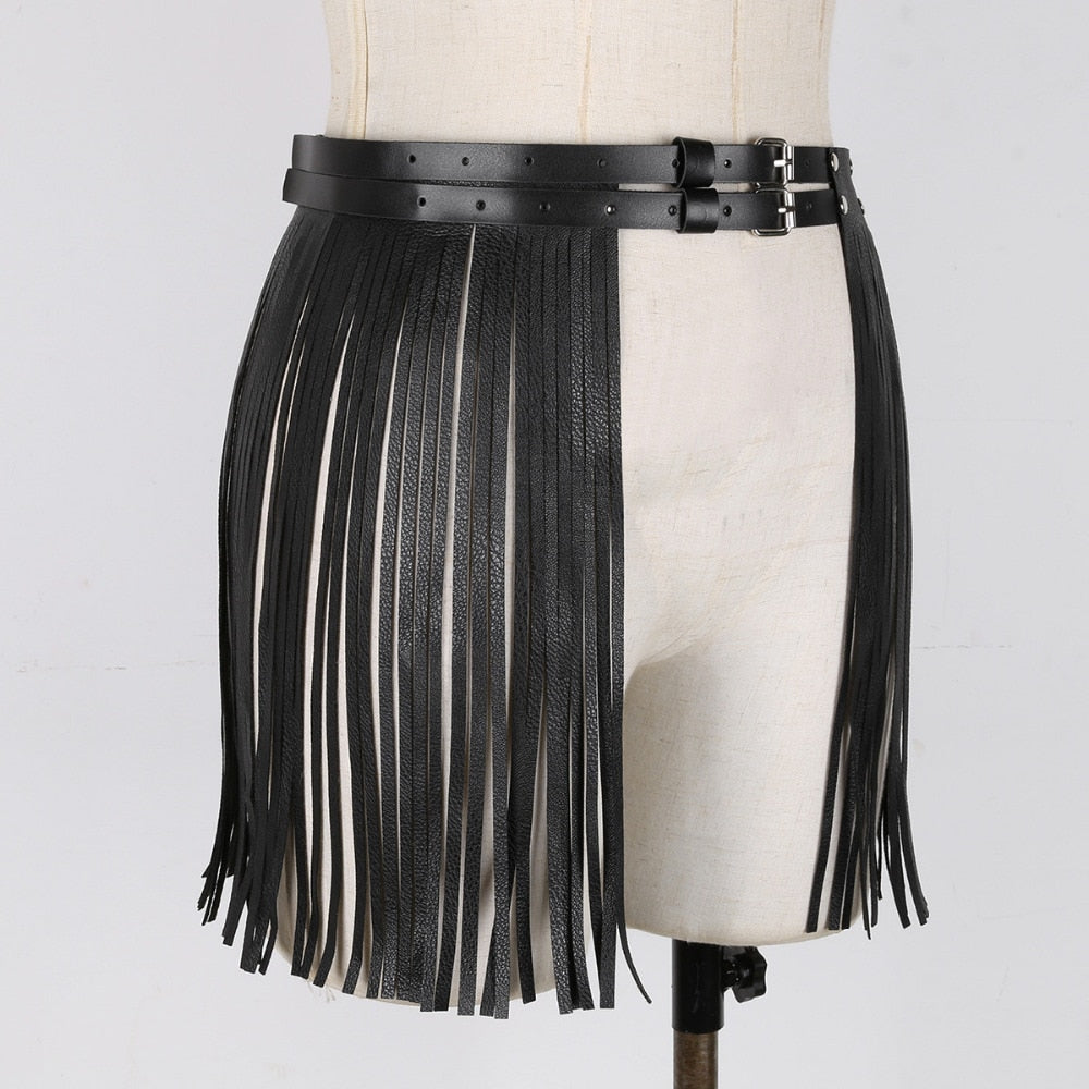 Women's Adjustable Faux Leather Waistband Fringe Tassel Belt Skirts