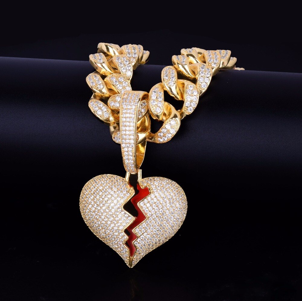 Broken Heart Pendant Necklace Cuban Link Chain