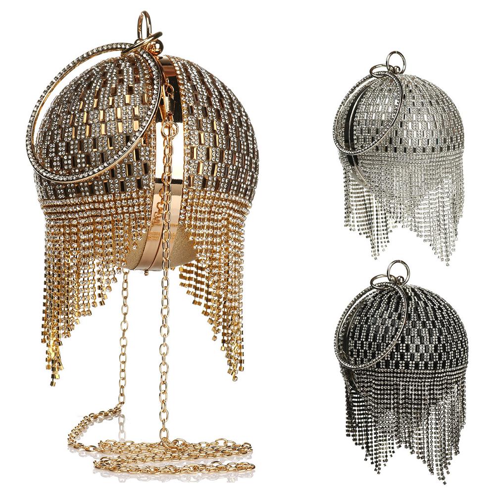 Diamond Tassel Basketball Metal Crystal Clutch Purse w/ Ring Handle