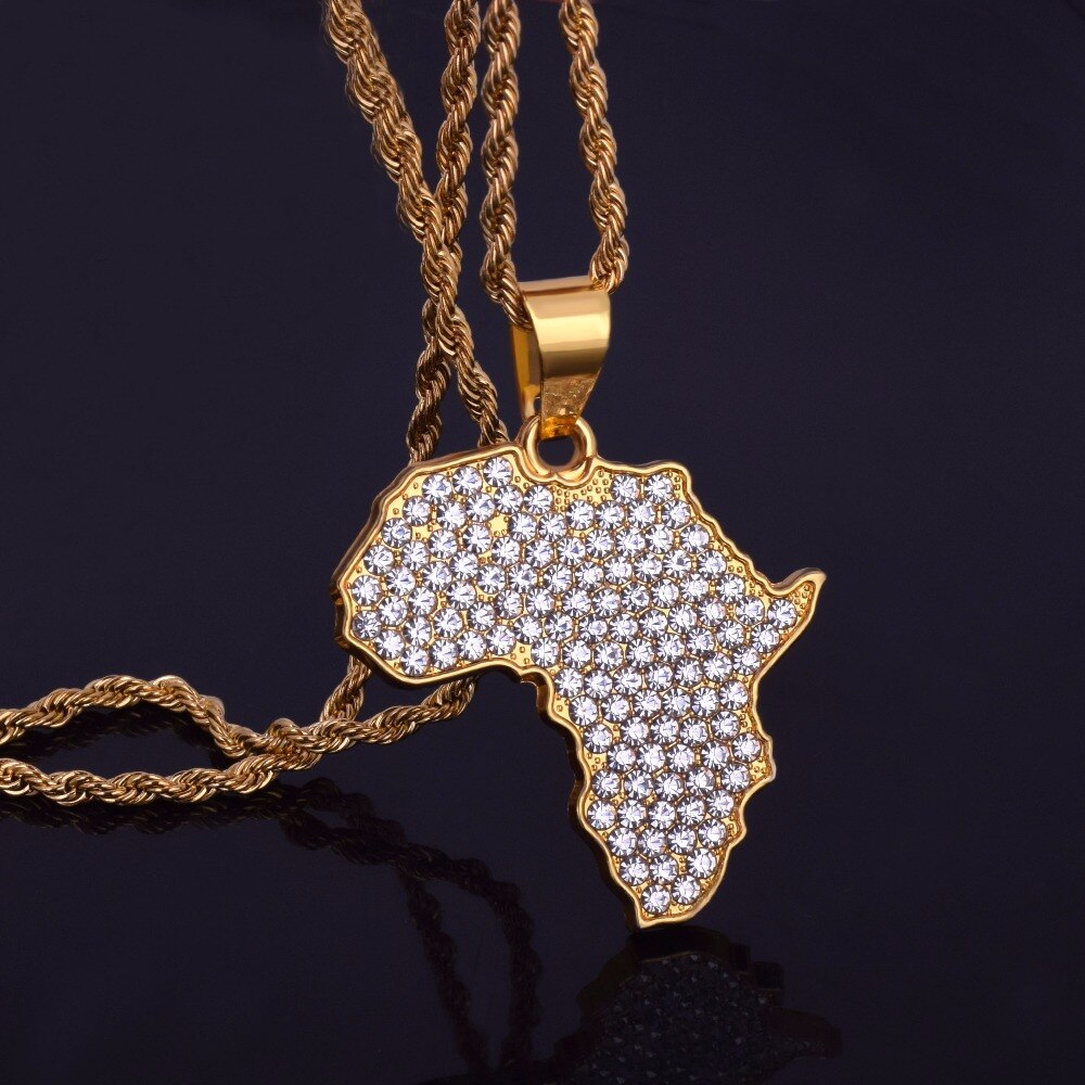 Africa Map Rhinestone Crystal Gold Pendant Chain