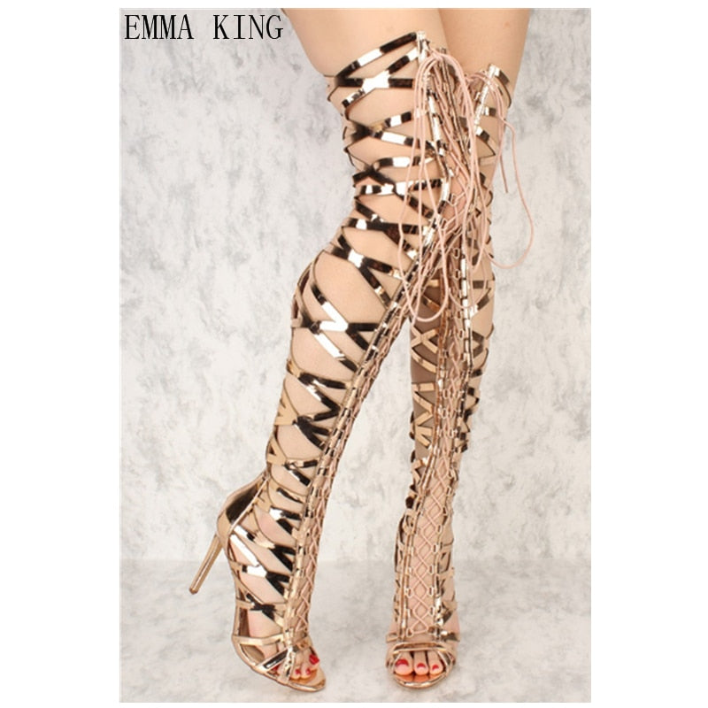 Lace Up Thigh High Stiletto Peep Toe Cross-Tied Gladiator Sandal Boots