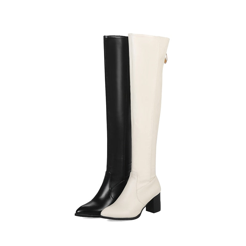 Over-the-Knee Leather Rivet Thick Heel Thigh High Boots