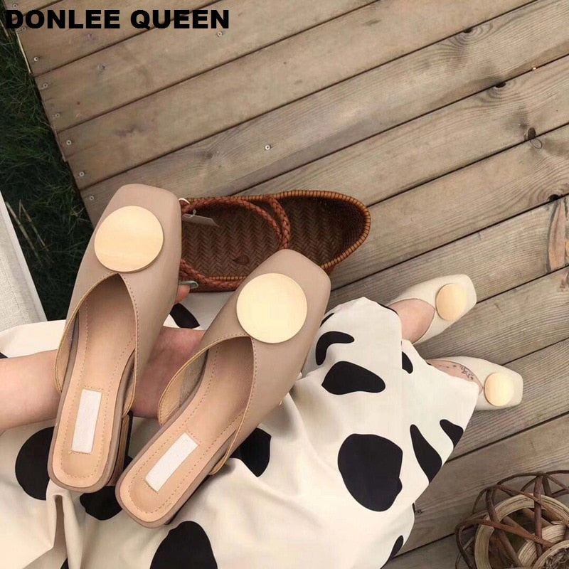 British Gold Round Buckle Wooden Block Heel Flats