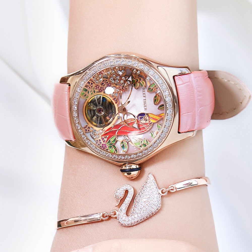 Sapphire Crystal Women's Waterproof Diamond Automatic Tourbillon Leather Strap Watch