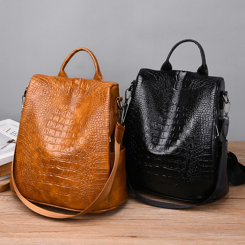 Alligator PU Leather Women Backpack Anti-Theft Large Multifunction Backpack