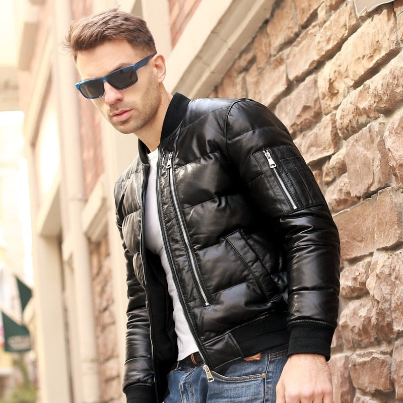 Men's Genuine Leather White Duck Down Leather Sheepskin Bomber Jacket