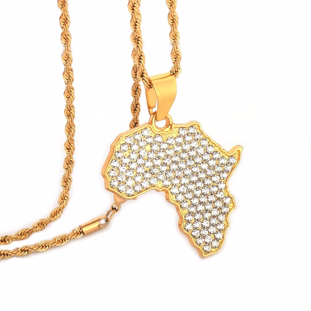 Africa Map Rhinestone Crystal Gold Pendant Chain