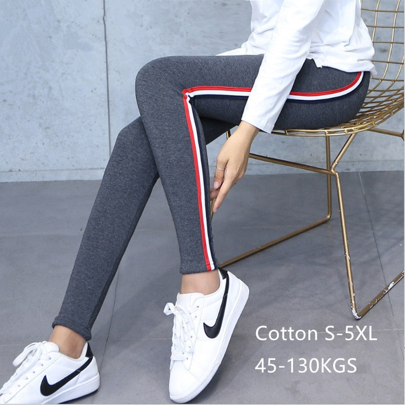 Solid Women's Cotton Side Striped Casual High Waisted Fitness Leggings to 5X