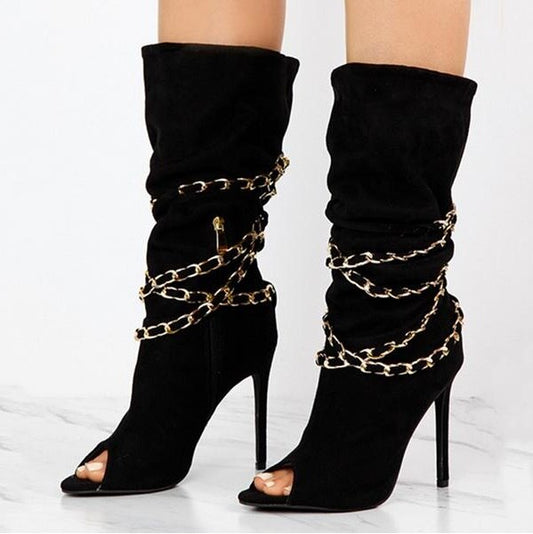 Draped Cross Strap Chain Peep Toe Ladies Zipper Ankle Boots