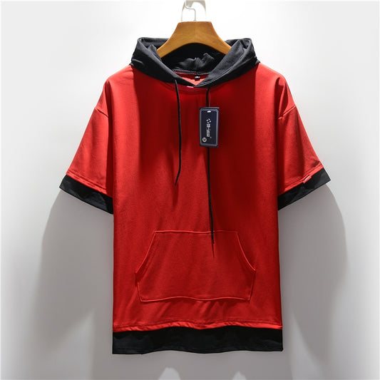 Men's Colorblock Drawstring Short Sleeve Hoodie Streetwear Shirt to 5X