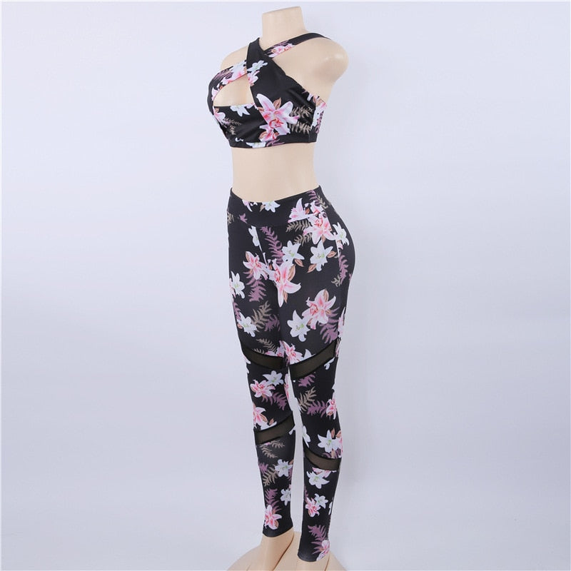 Criss Cross Floral Print Backless Strapless Crop Top + High Waist Mesh Patchwork Spandex Leggings Women's 2-Piece Fitness Set