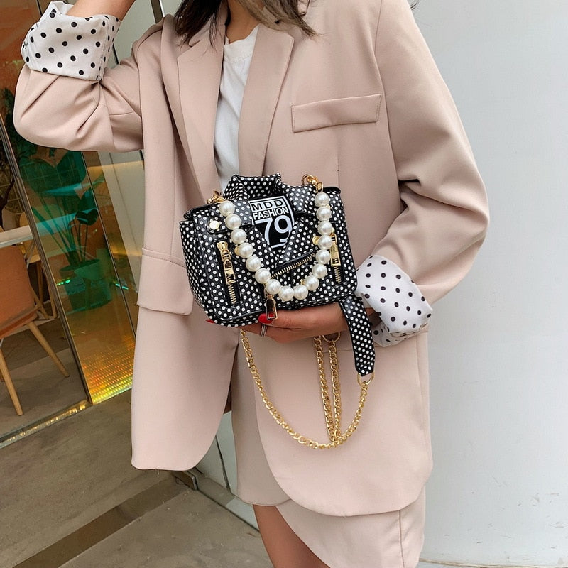 Polka Dot Mini Jacket Pearl Handle Chain Crossbody Purse