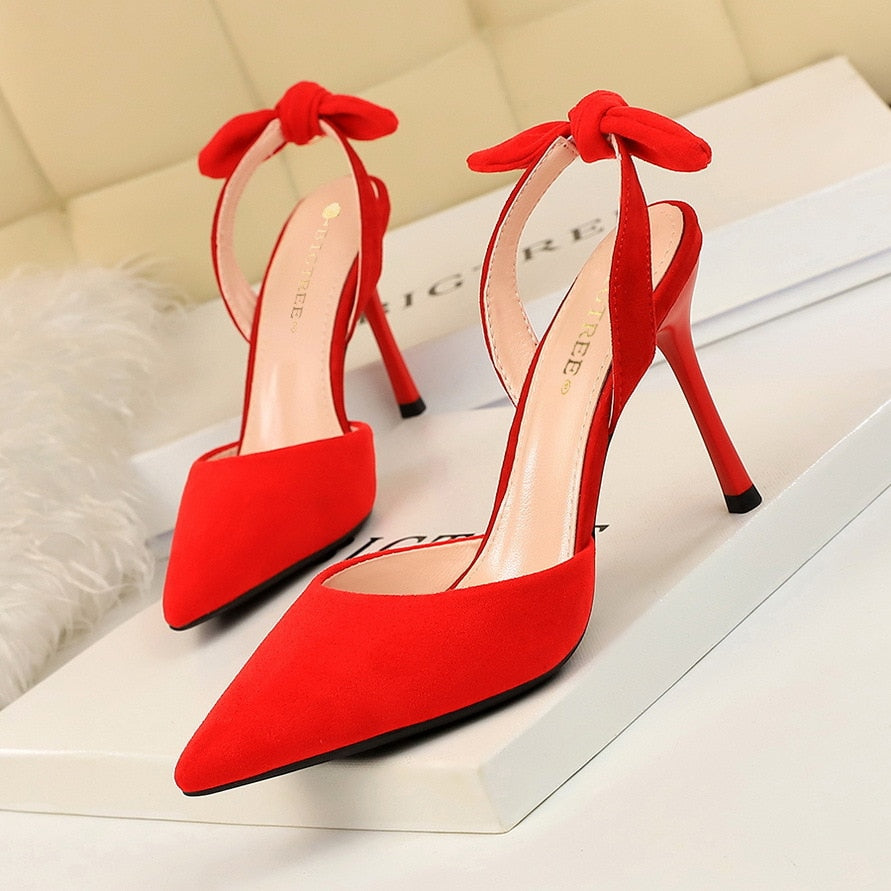 Bowtie Back Strap Shallow Suede Pointed Toe High Heel Pumps