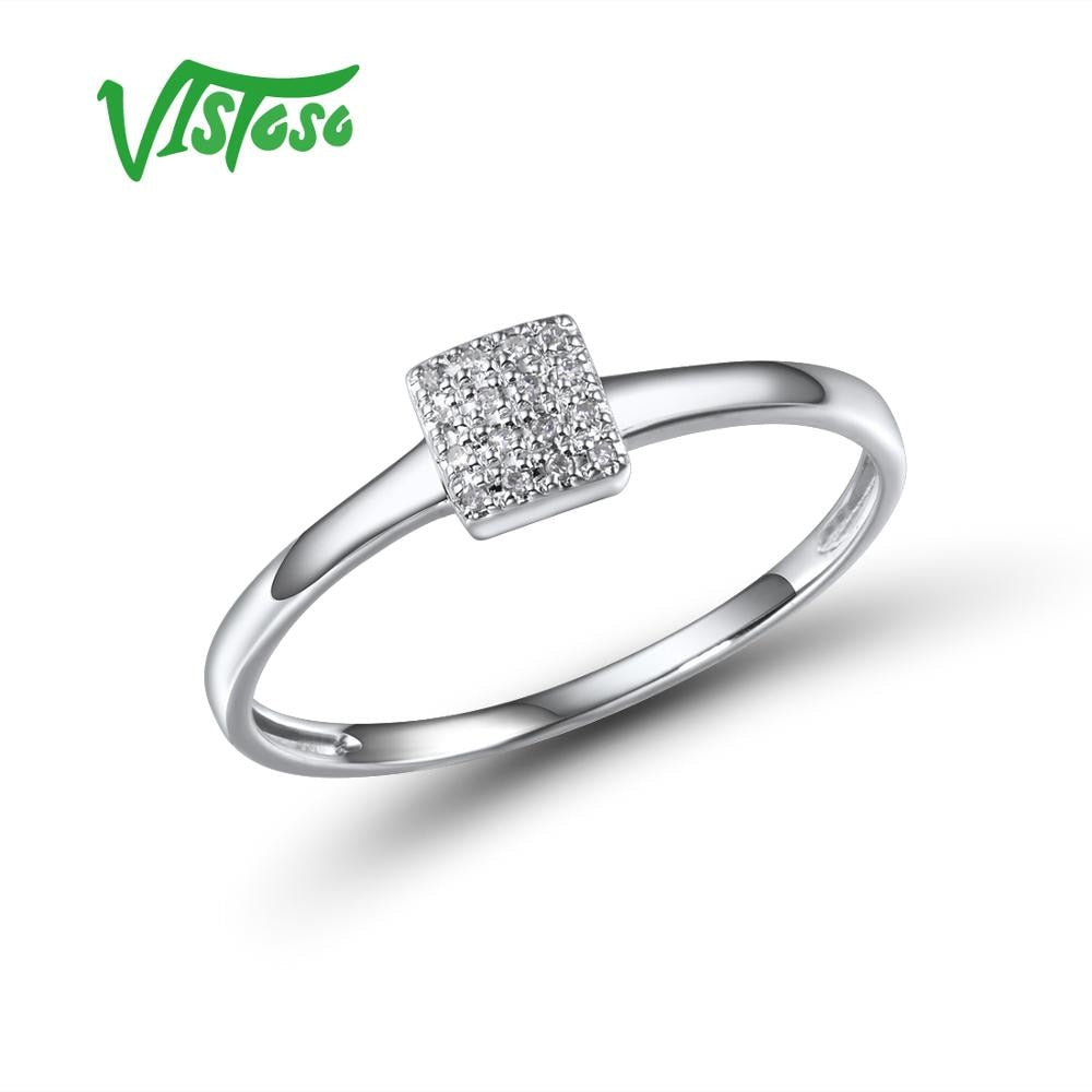 VISTOSO Pure 14K 585 Rose White Gold Sparkling Diamond Delicate Square Ring For Women Anniversary Engagement Trendy Fine Jewelry