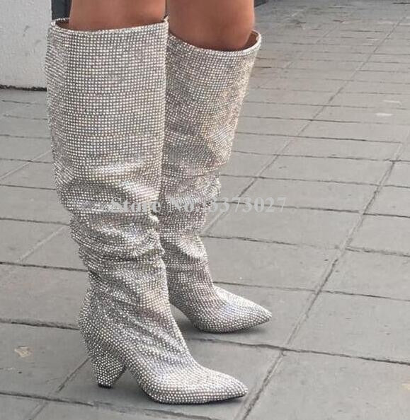 Bling Glitter Rhinestone Spike Heel Crystal Knee High Boots