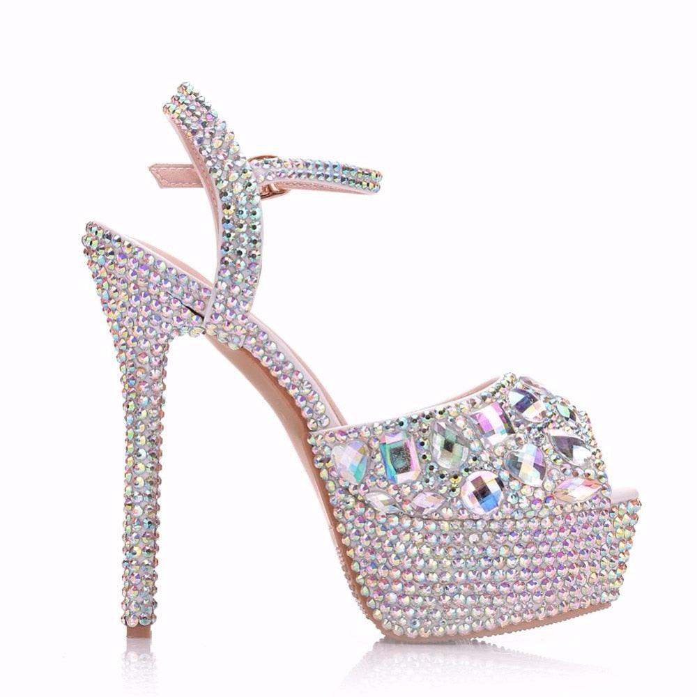 Rhinestone Crystal Peep Toe High Platform Ankle Strap Stiletto Stripper Pumps