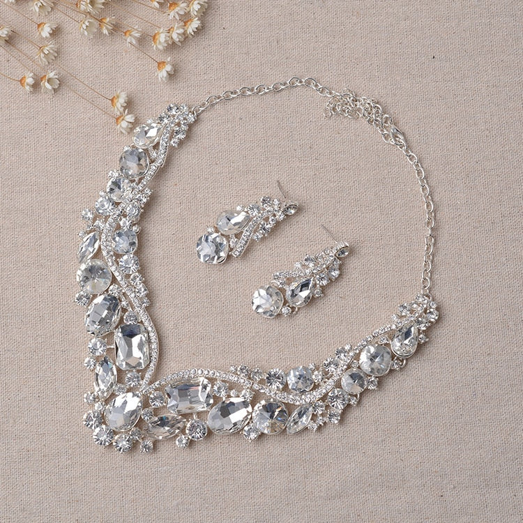 Rhinestone Wedding Jewelry Set: Earrings & Geometric Crystal Statement Necklace Set