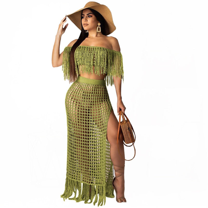 Crocheted Tassel Design Hollow-Out Solid 2-Piece Cover Up Swimwear Set