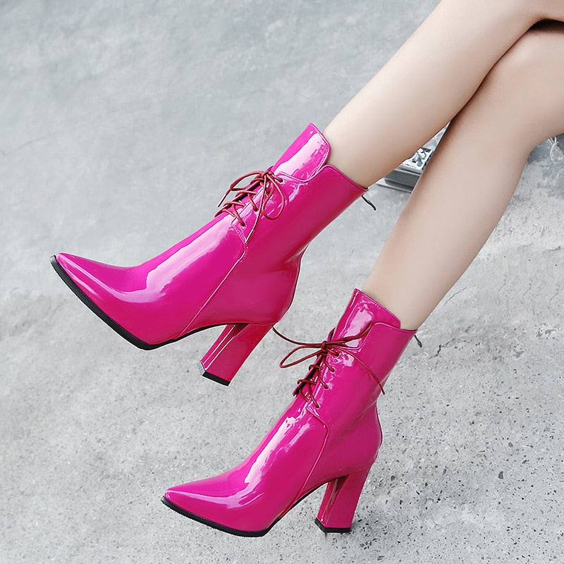 Patent Leather Lace Up Square Platform Heel Ankle Boots