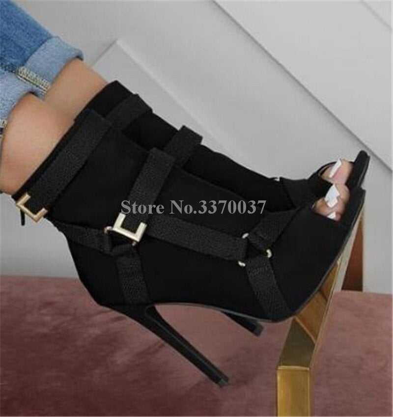 Peep Toe Suede Leather Stiletto Heel Buckle Strap Ankle Boots