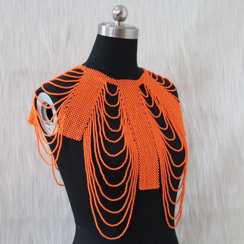 Acrylic Beaded Shoulder Bridal Wedding Jewelry Orange / Red / Pink Long African Collar Necklace