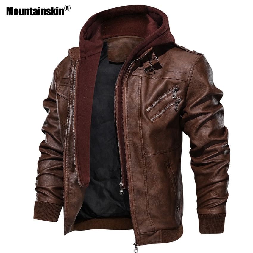 Detachable Hood Men's Leather Motorcycle PU Biker Jacket