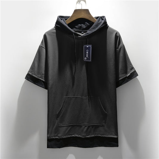 Men's Colorblock Drawstring Short Sleeve Hoodie Streetwear Shirt to 5X