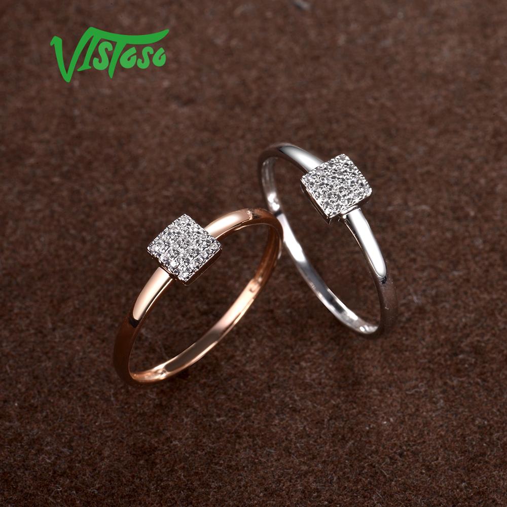 VISTOSO Pure 14K 585 Rose White Gold Sparkling Diamond Delicate Square Ring For Women Anniversary Engagement Trendy Fine Jewelry