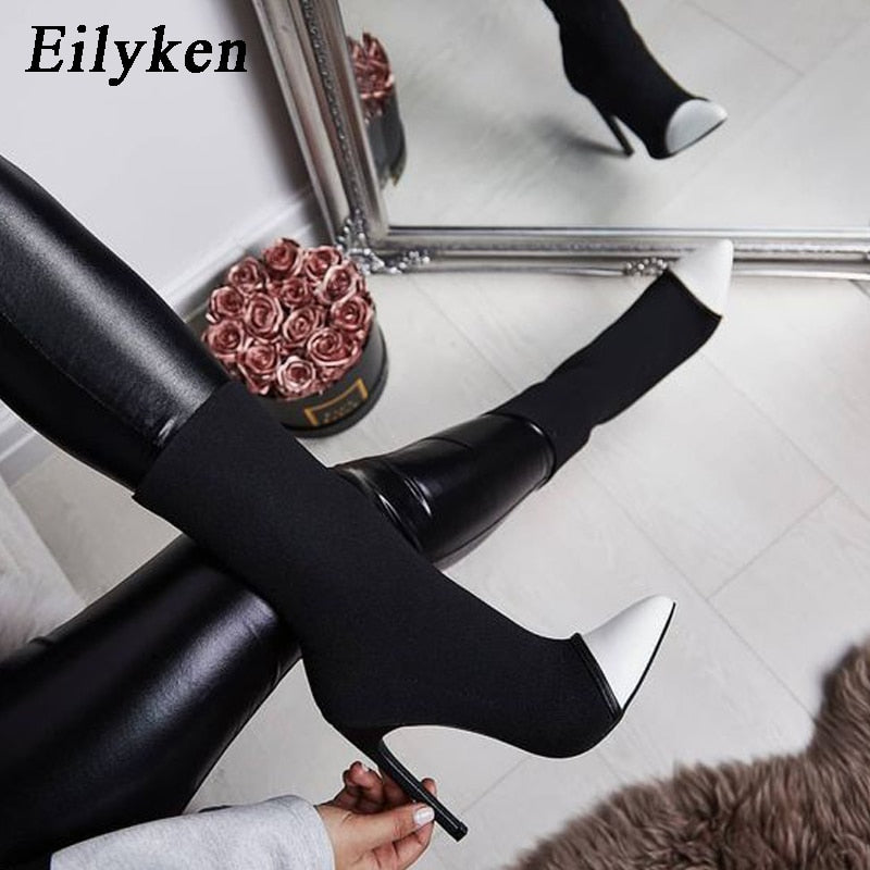 Pointed Toe Elastic Slip On High Heel Stiletto Boots