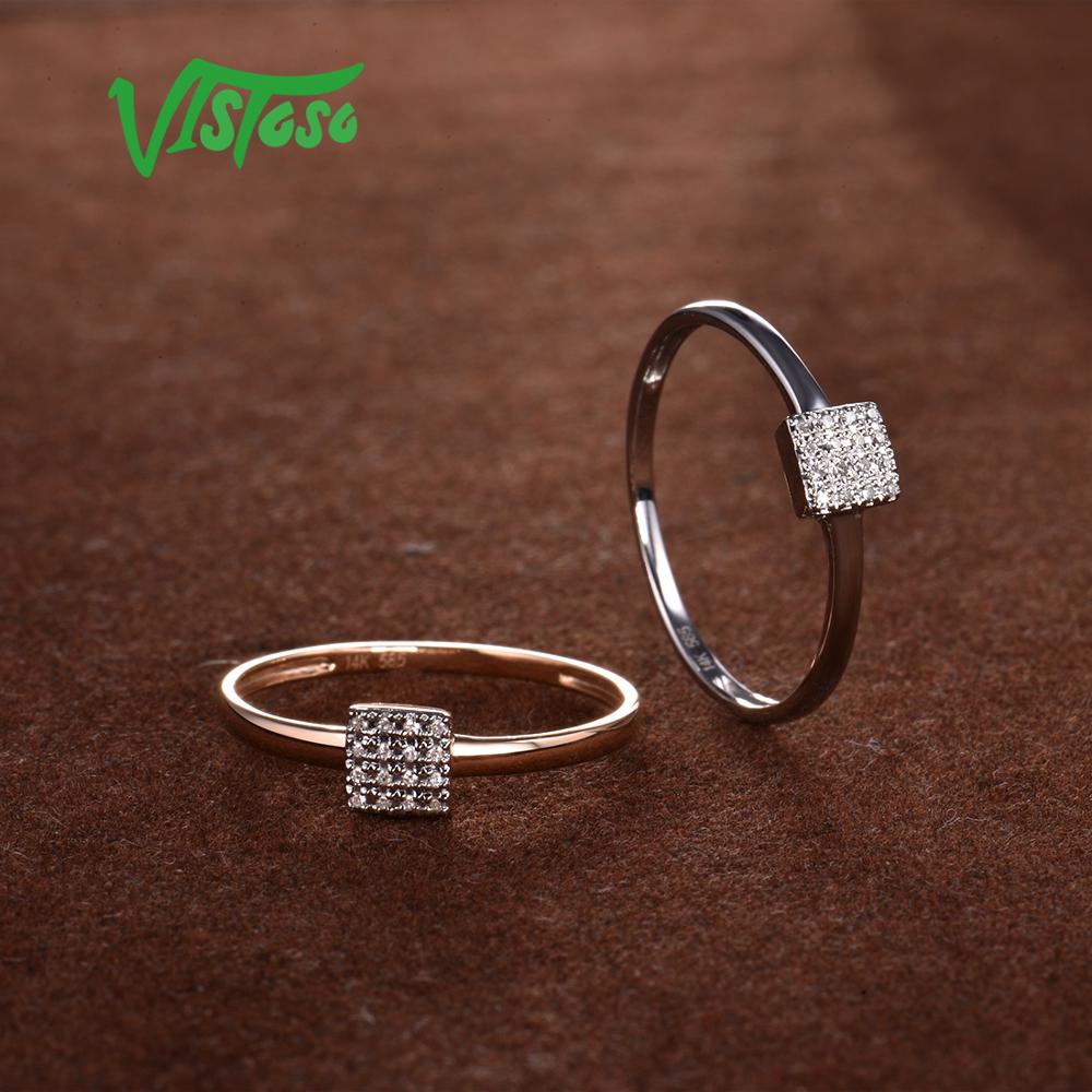 VISTOSO Pure 14K 585 Rose White Gold Sparkling Diamond Delicate Square Ring For Women Anniversary Engagement Trendy Fine Jewelry