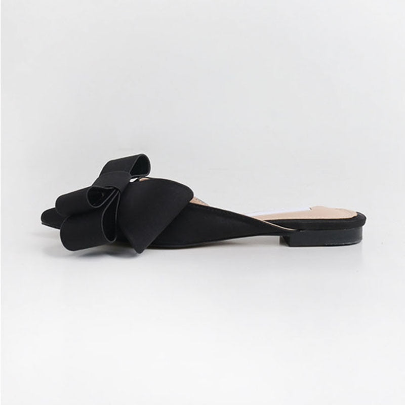 Satin Silk Bowknot Design Pointed Slip-On Flats