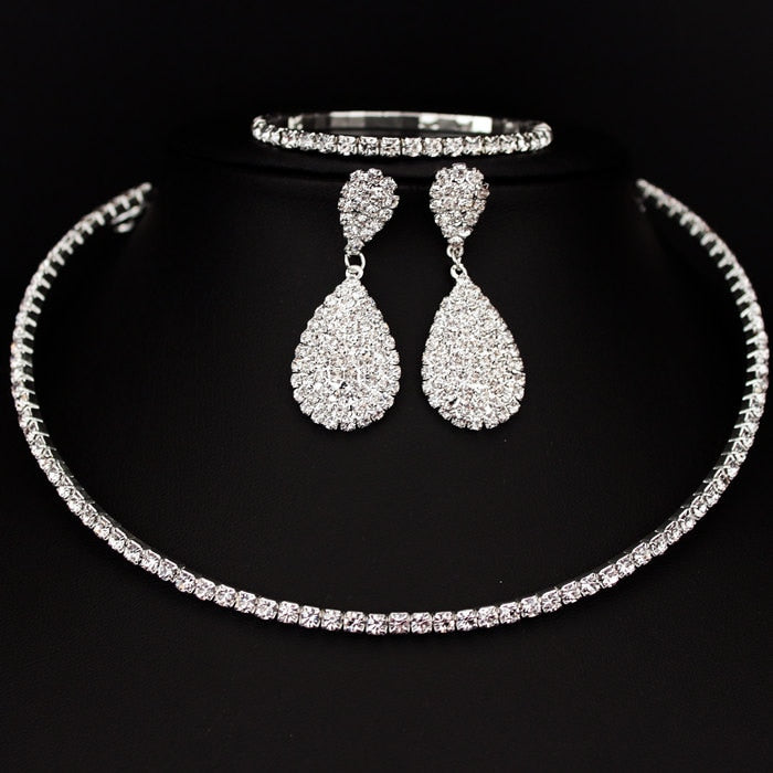 Bride/Formal Rhinestone Crystal Choker Necklace Earrings & Bracelet Wedding Jewelry Sets