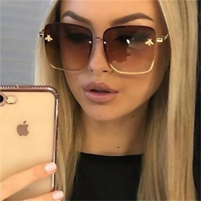 Unisex Oversize Rimless Square Bee Gradient Sunglasses UV400