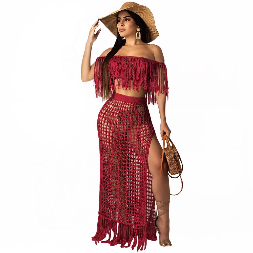 Crocheted Tassel Design Hollow-Out Solid 2-Piece Cover Up Swimwear Set