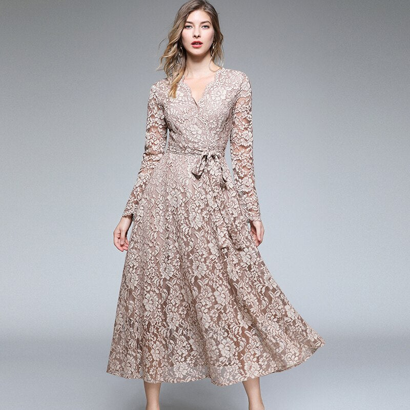 Women's Long Sleeve Maxi Vetement V-Neck Long Lace Party Dress