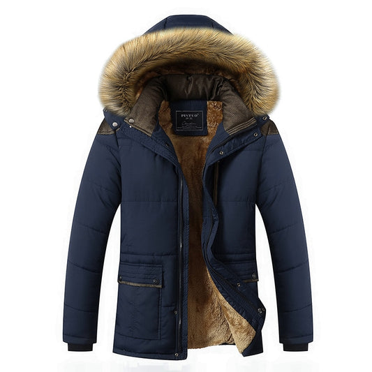 Men's Fur Collar Hooded Wool Lined Winter 3/4 Length Coat