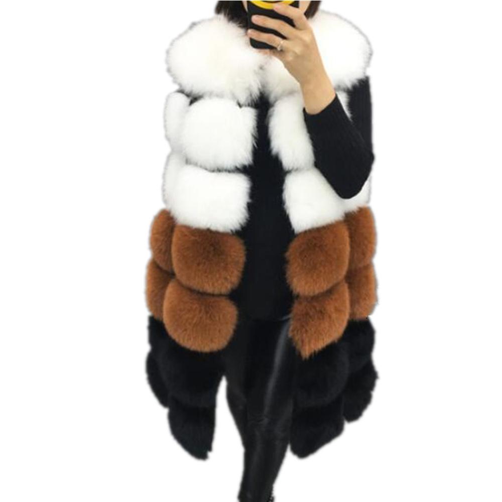 Women's Colorblock Long Faux Fur Vest Coat