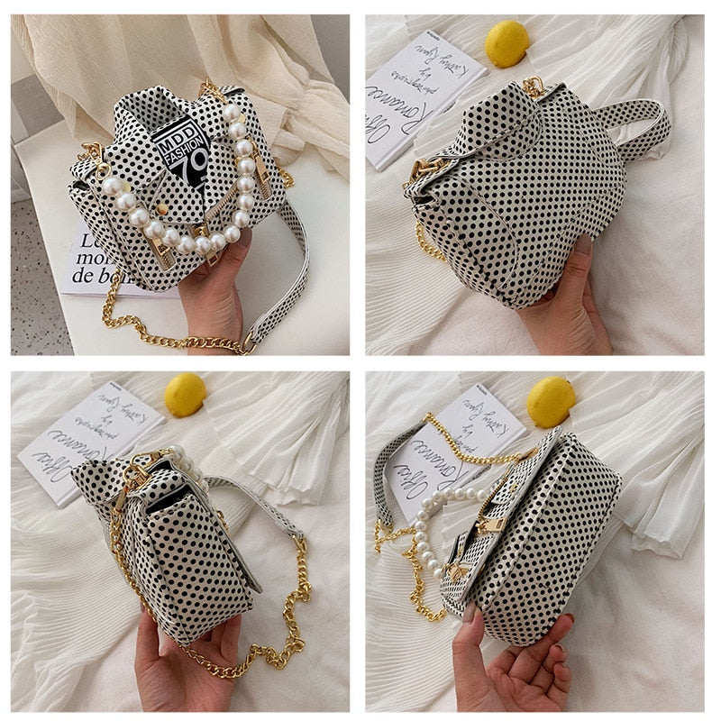 Polka Dot Mini Jacket Pearl Handle Chain Crossbody Purse