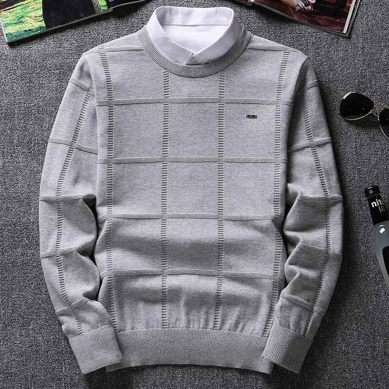 Men's Cashmere Checker Design  Solid O-Neck Long Sleeve Pullover Sweater