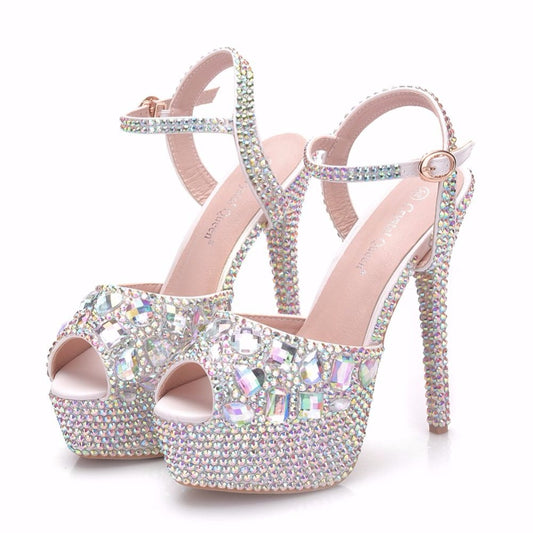 Rhinestone Crystal Peep Toe High Platform Ankle Strap Stiletto Stripper Pumps