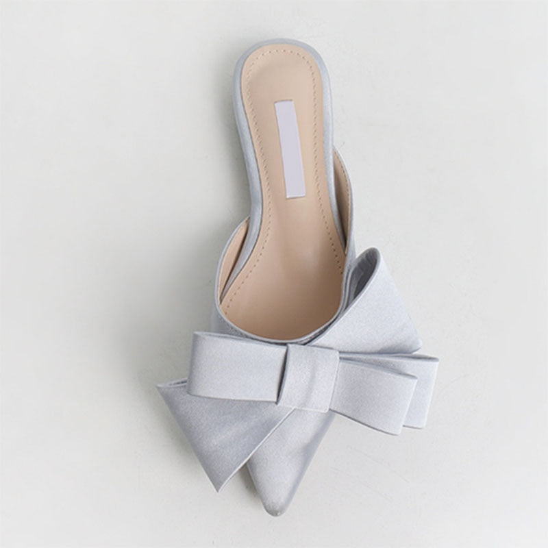 Satin Silk Bowknot Design Pointed Slip-On Flats