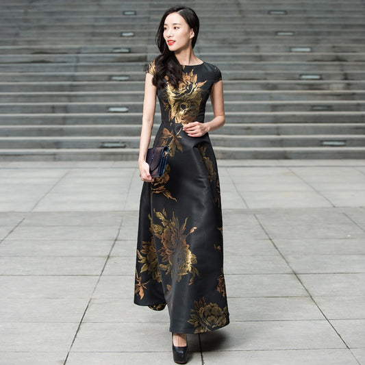 Metallic Rose Flower Bohemian Jacquard Print Flared Formal Evening Maxi Dress